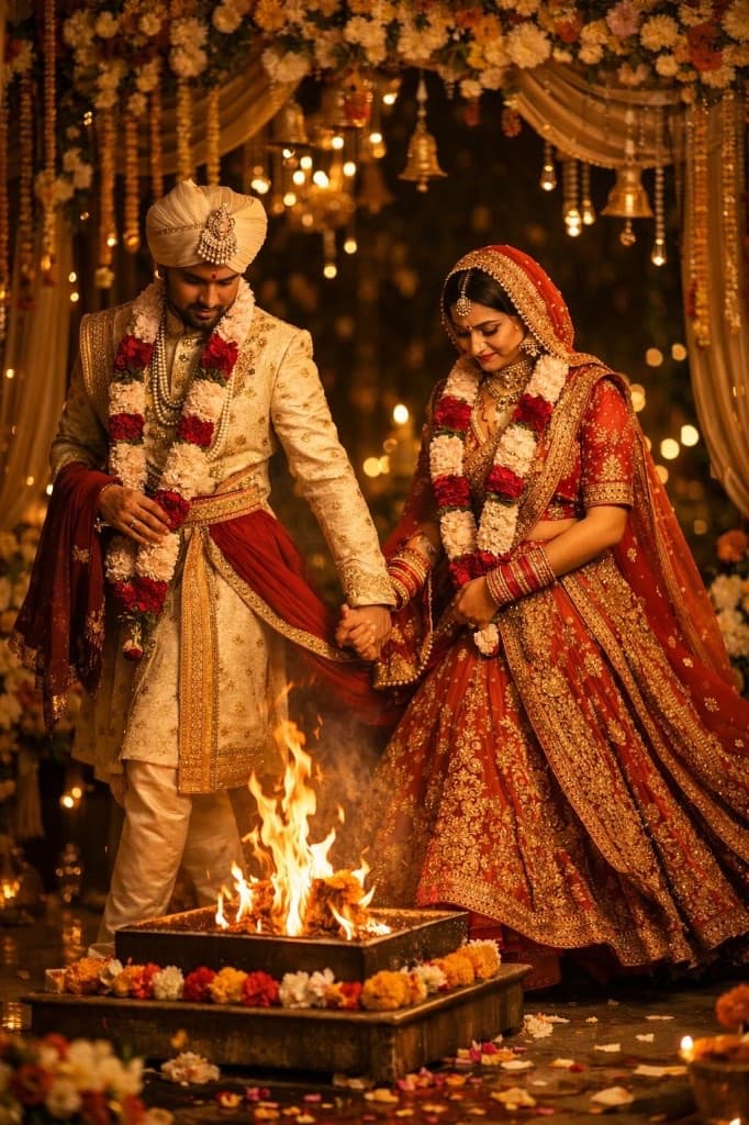 Bride and groom walking pheras around the sacred fire — reading the 7th house for marriage