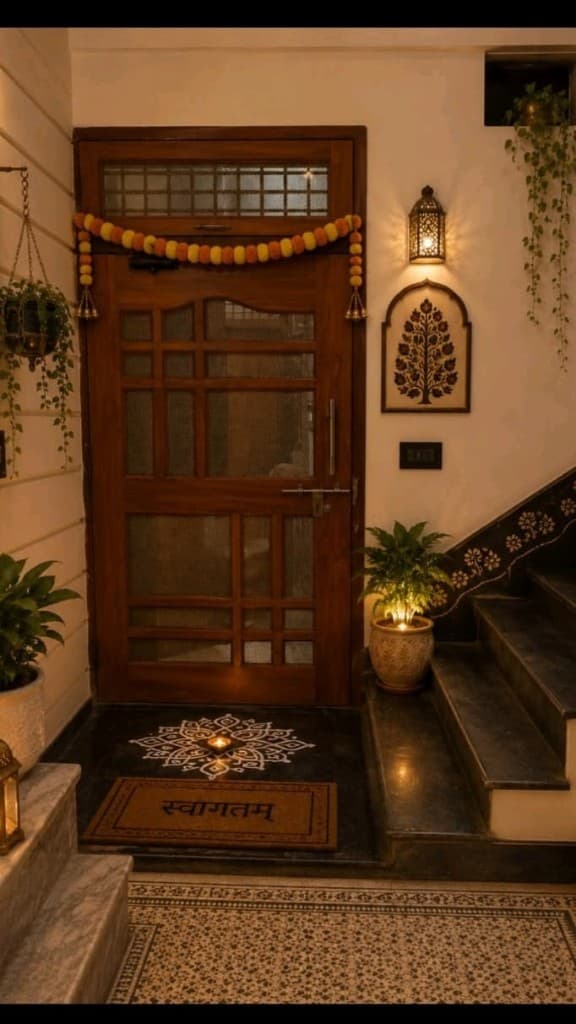 Welcoming Indian home entrance with Swagatam mat, rangoli, and marigold toran — property and home buying