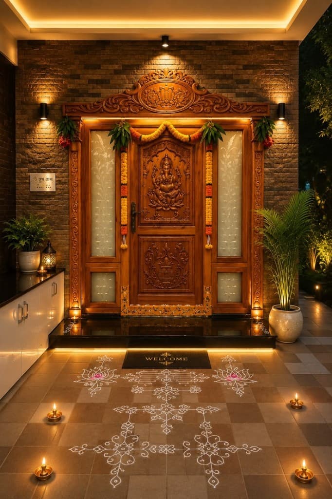 Warm lit home entrance with lanterns and urli — Vastu for welcoming spaces