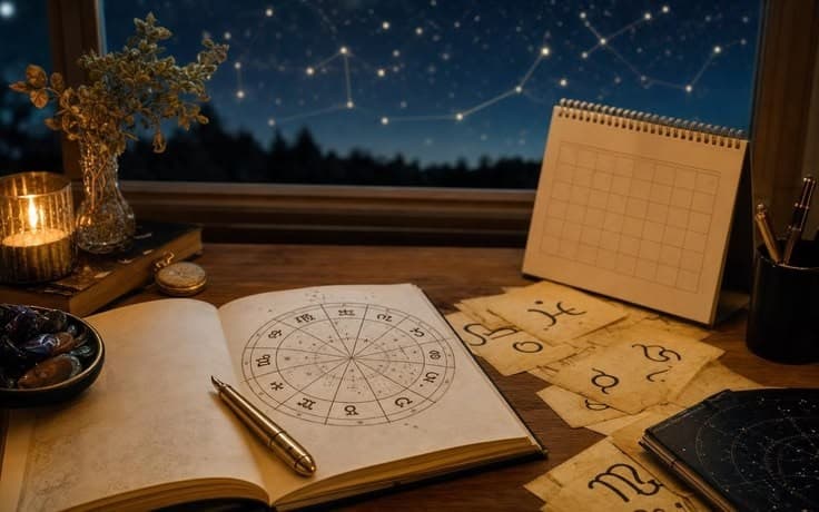 Astrology desk with natal chart, candle, and night sky — Vedic study at Rekha Astro
