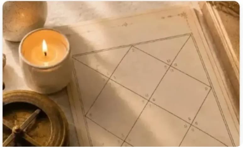 North Indian kundli chart with candle and brass compass — Vedic birth chart reading