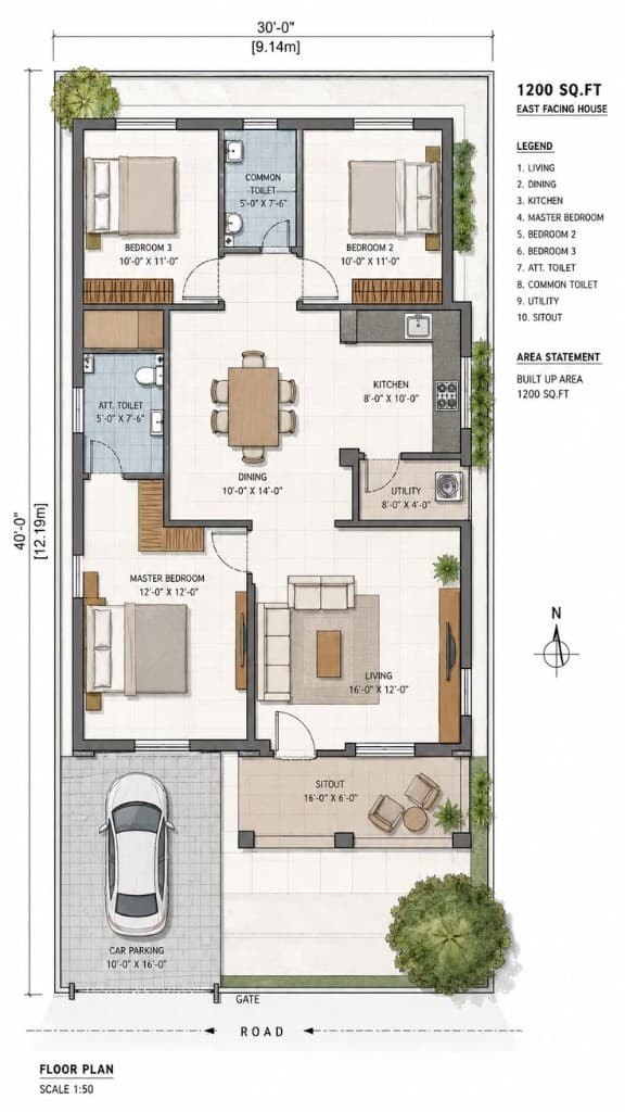 East-facing 1200 sq ft house floor plan — Vastu-aligned residential design from scratch
