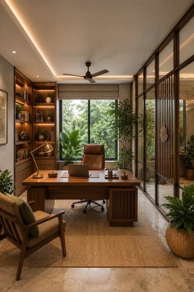 Bright wood-panelled office with desk, bookshelves, and natural light — workplace Vastu layout review